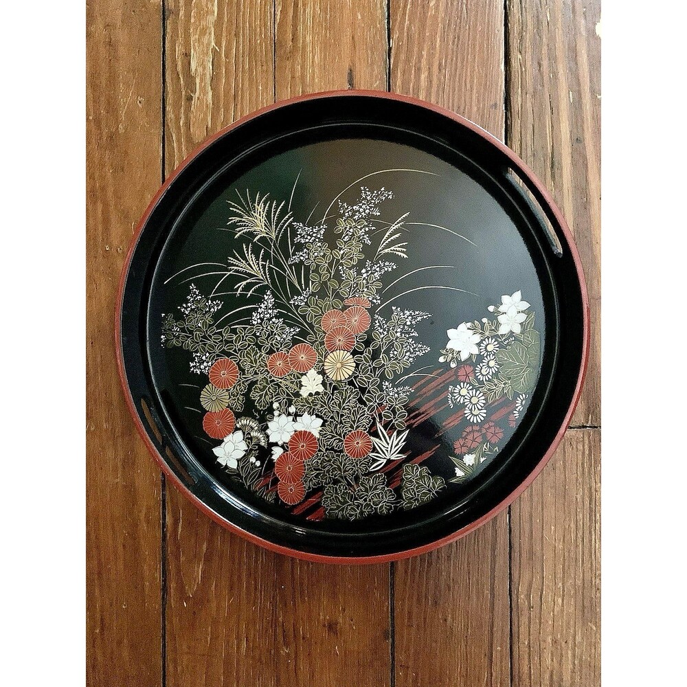 VTG JAPANESE YAMANAKA LACQUERWARE CHRYSANTHEMUM SERVING TRAY ROUND CHINOISERIE